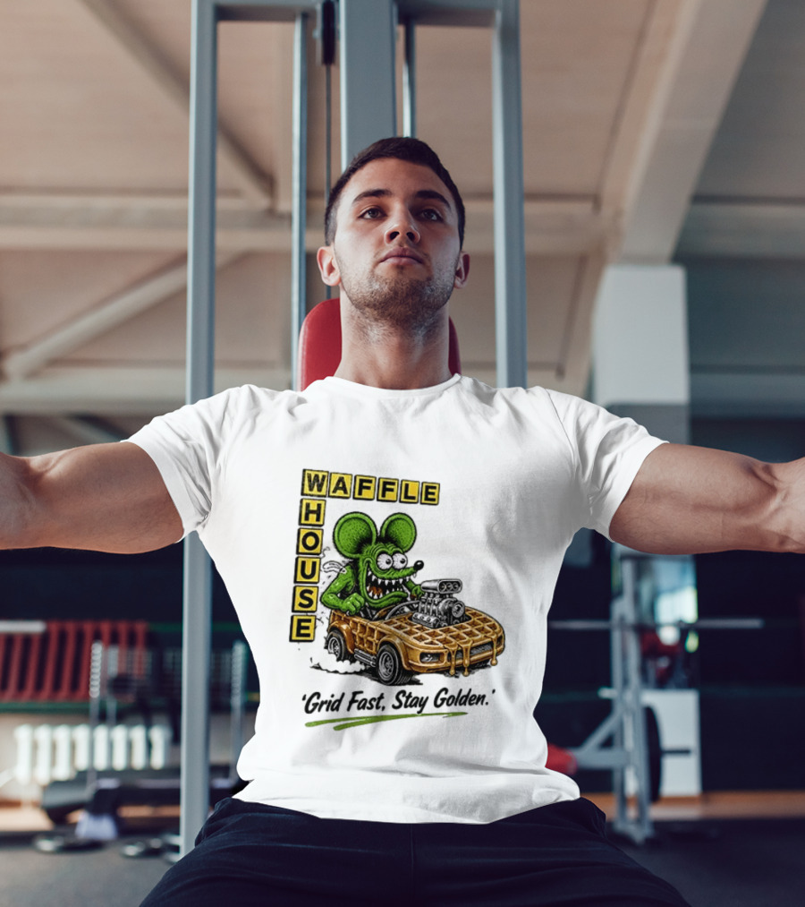 Rat Fink Waffle House Grid Fast Stay Golden Car Racer T-Shirt