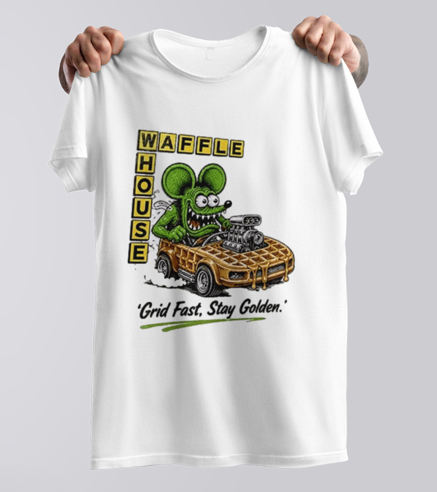 Rat Fink Waffle House Grid Fast Stay Golden Car Racer T-Shirt