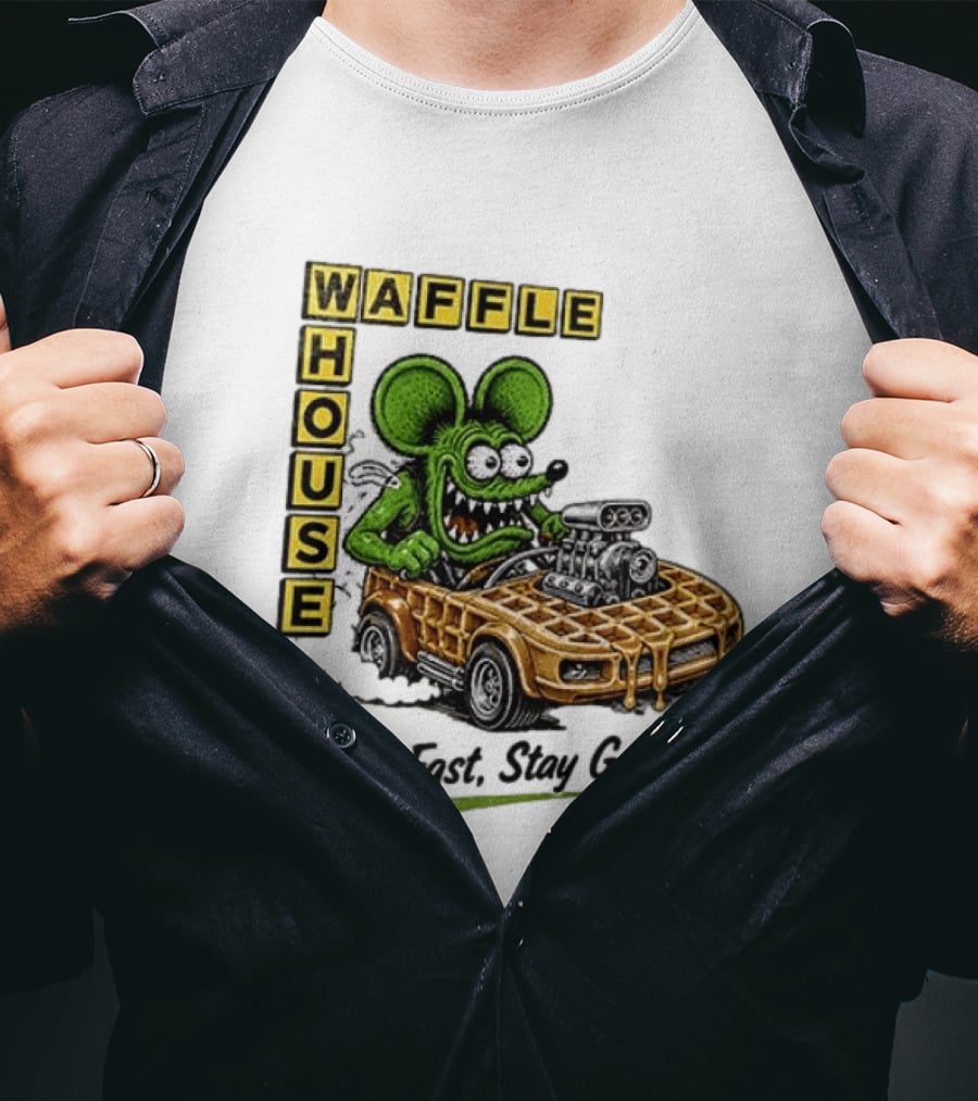Rat Fink Waffle House Grid Fast Stay Golden Car Racer T-Shirt