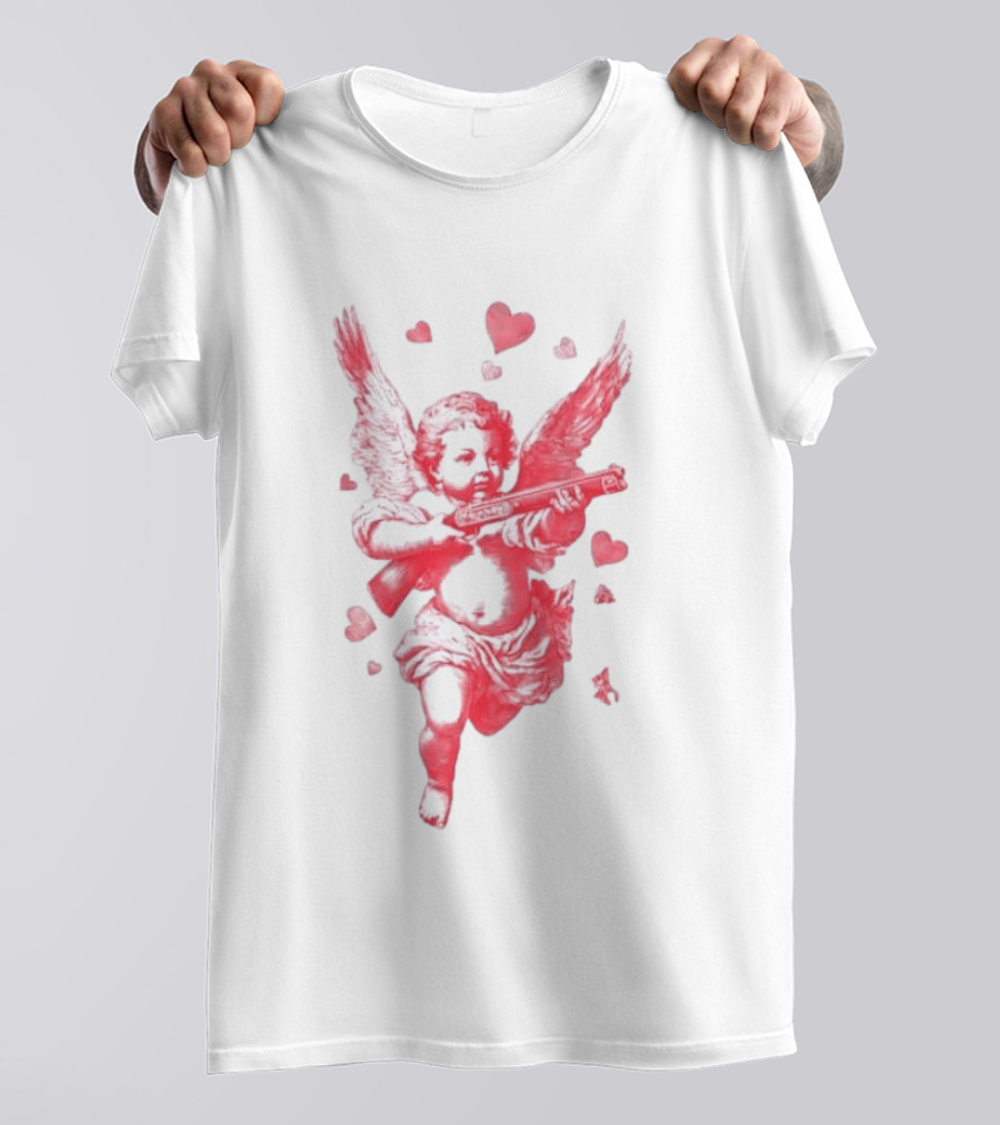 Red Pink Cherub Cupid Shotgun Hearts Clouds T-Shirt