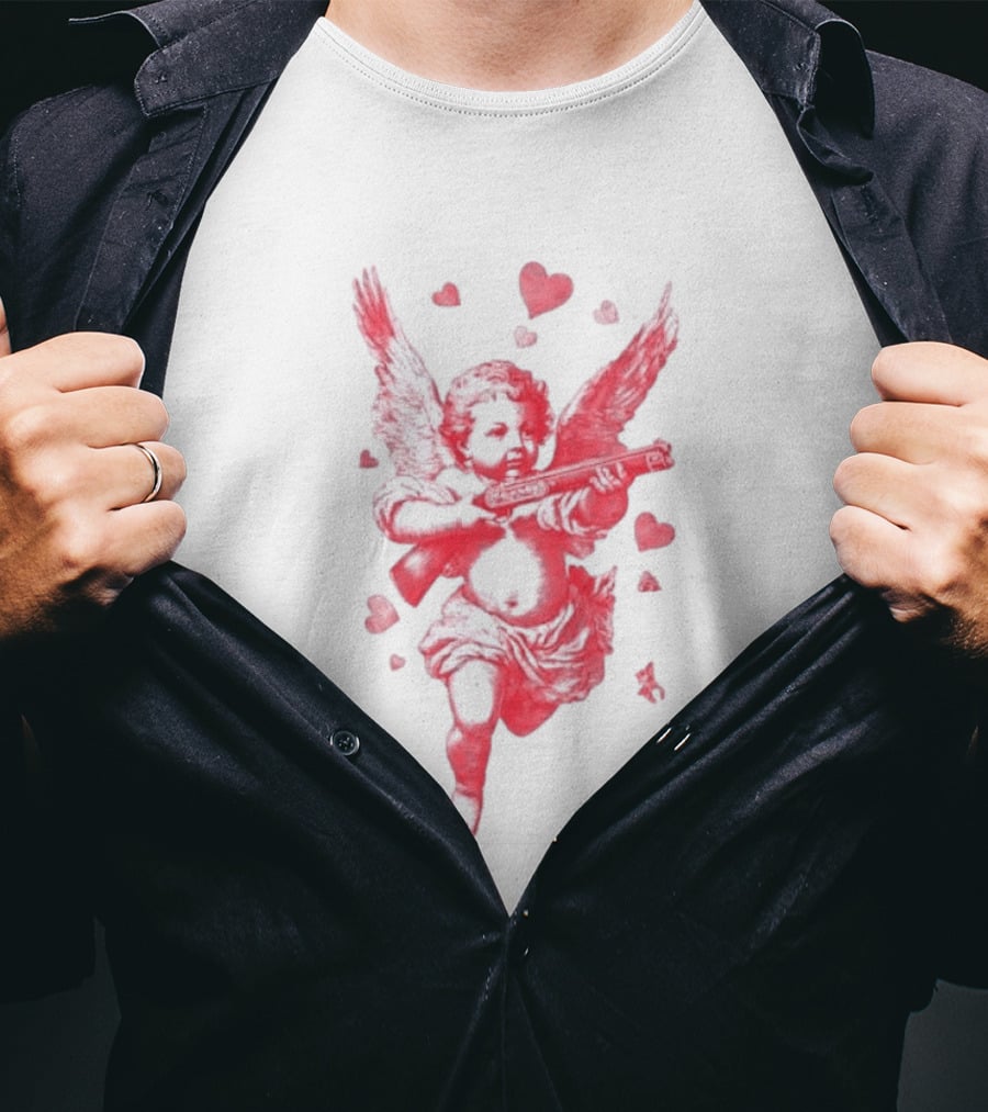 Red Pink Cherub Cupid Shotgun Hearts Clouds T-Shirt