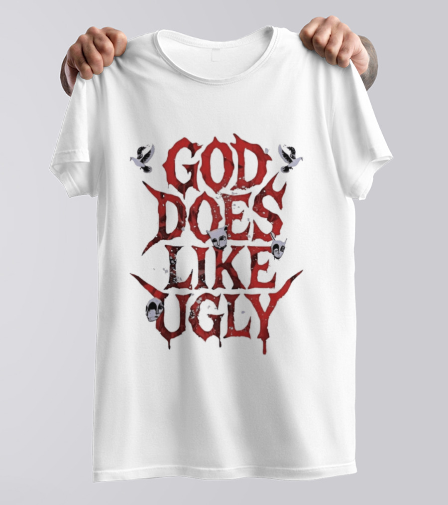God Does Like Ugly Streetwear Edgy Red Text With Skulls And Butterflies T-Shirt