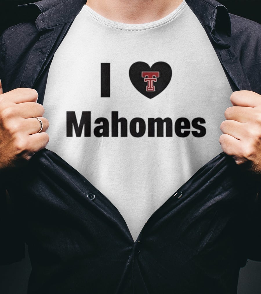 Texas Tech Red Raiders I Love Mahomes Double Heart Black T-Shirt