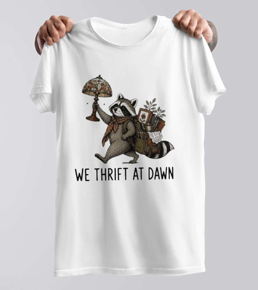 Raccoon With Backpack And Lamp We Thrift At Dawn T-Shirt