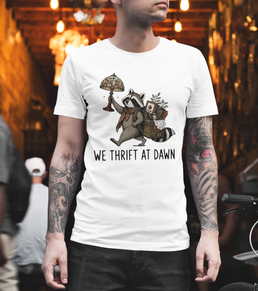 Raccoon With Backpack And Lamp We Thrift At Dawn T-Shirt