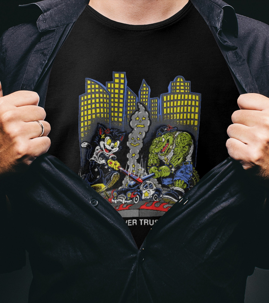 Cat And Crocodile In City Never Trust Police Car Cartoon Scene T-Shirt