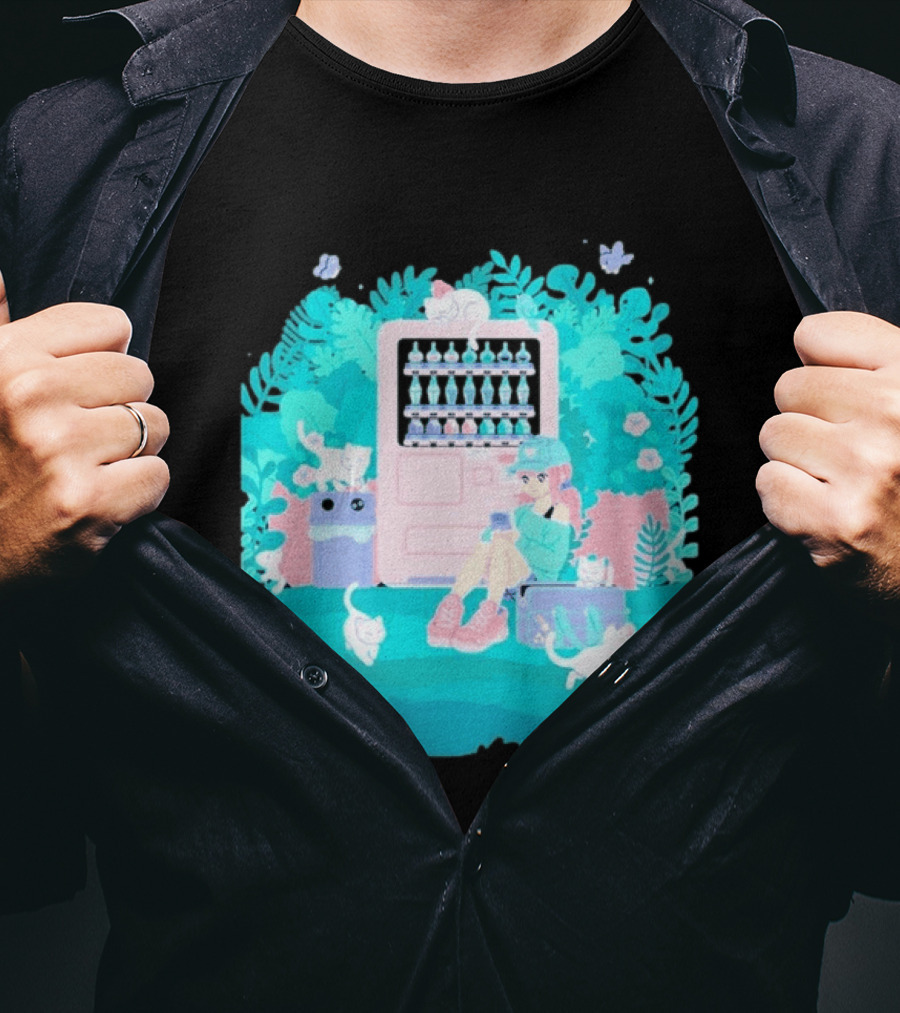 Cat Vending Machine Pastel Aesthetic With Sitting Girl And Cats T-Shirt