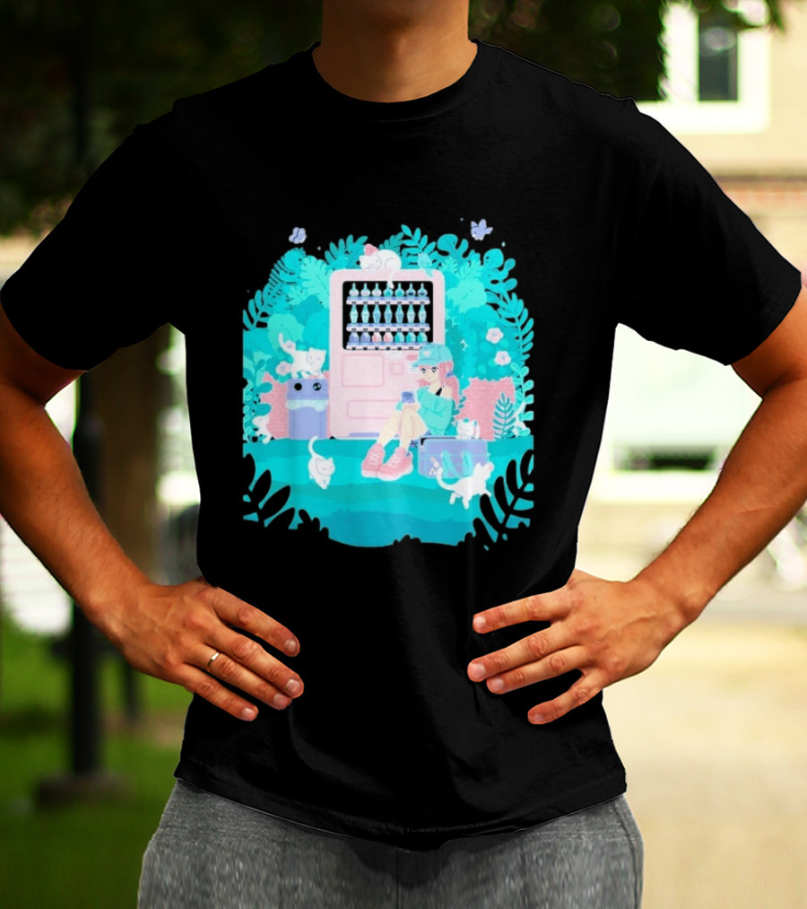Cat Vending Machine Pastel Aesthetic With Sitting Girl And Cats T-Shirt