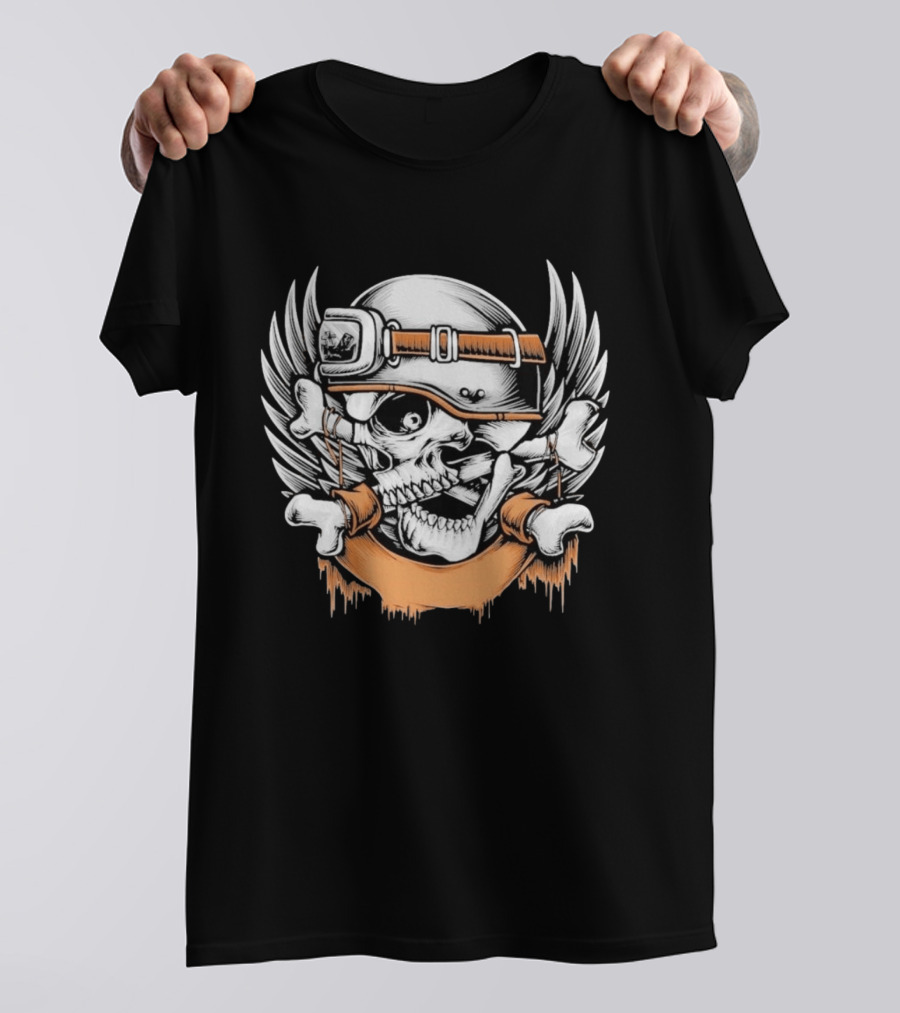 Skull With Helmet Winged Bones Biker Motif T-Shirt