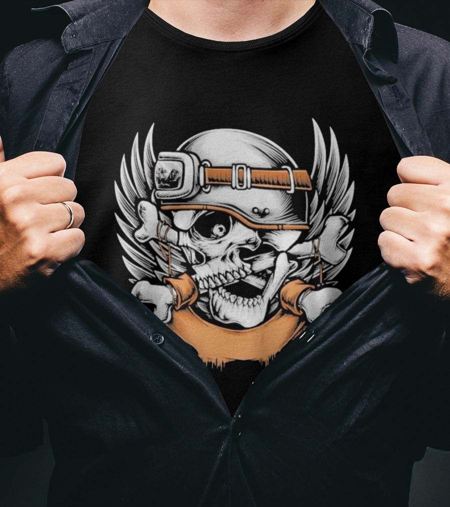 Skull With Helmet Winged Bones Biker Motif T-Shirt