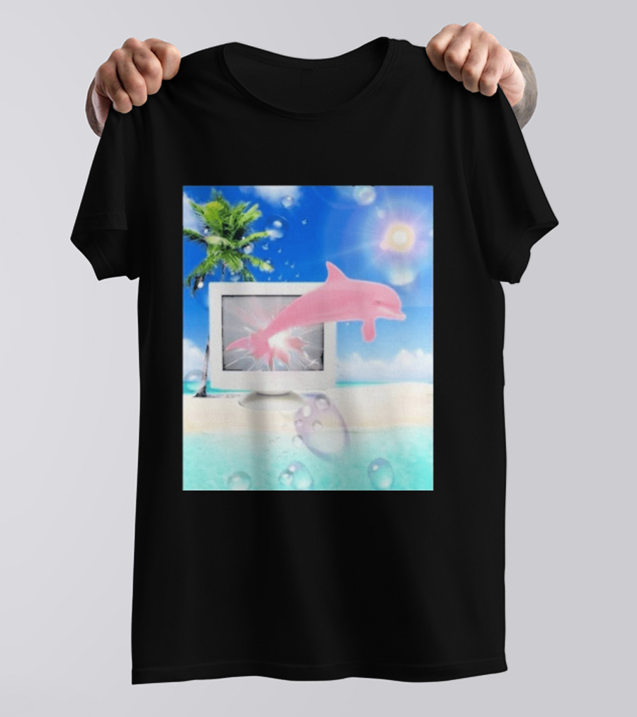 Frutiger Aero Y2k Vaporwave Palm Tree Pink Dolphin Cyberpunk Aesthetic T-Shirt