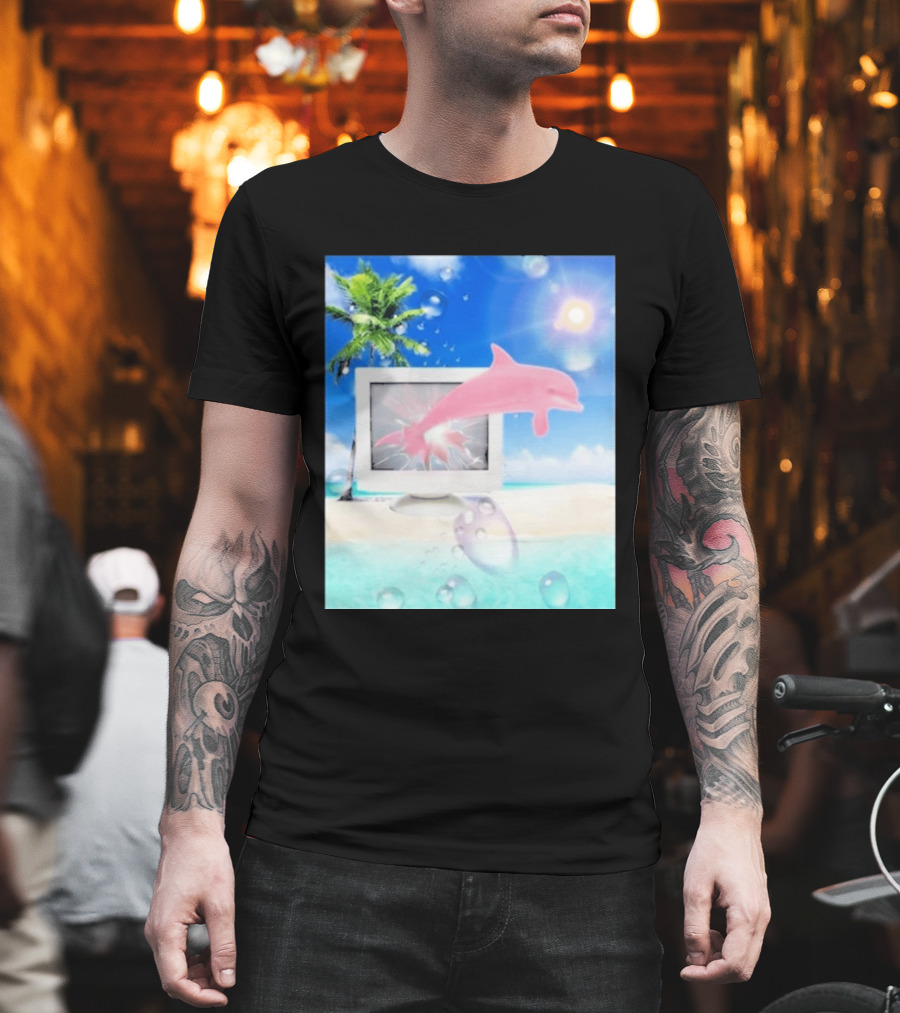 Frutiger Aero Y2k Vaporwave Palm Tree Pink Dolphin Cyberpunk Aesthetic T-Shirt