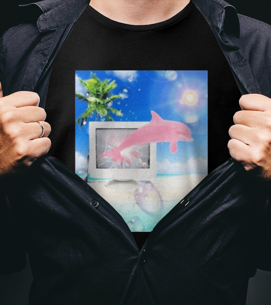 Frutiger Aero Y2k Vaporwave Palm Tree Pink Dolphin Cyberpunk Aesthetic T-Shirt