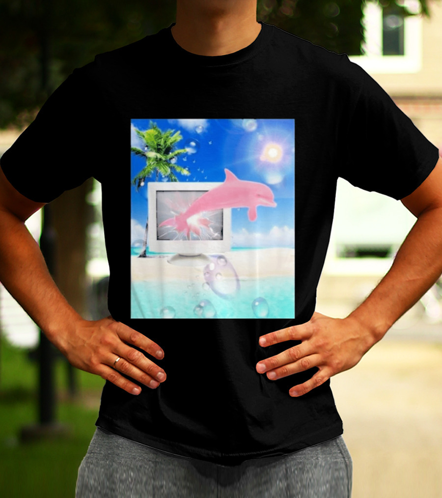 Frutiger Aero Y2k Vaporwave Palm Tree Pink Dolphin Cyberpunk Aesthetic T-Shirt