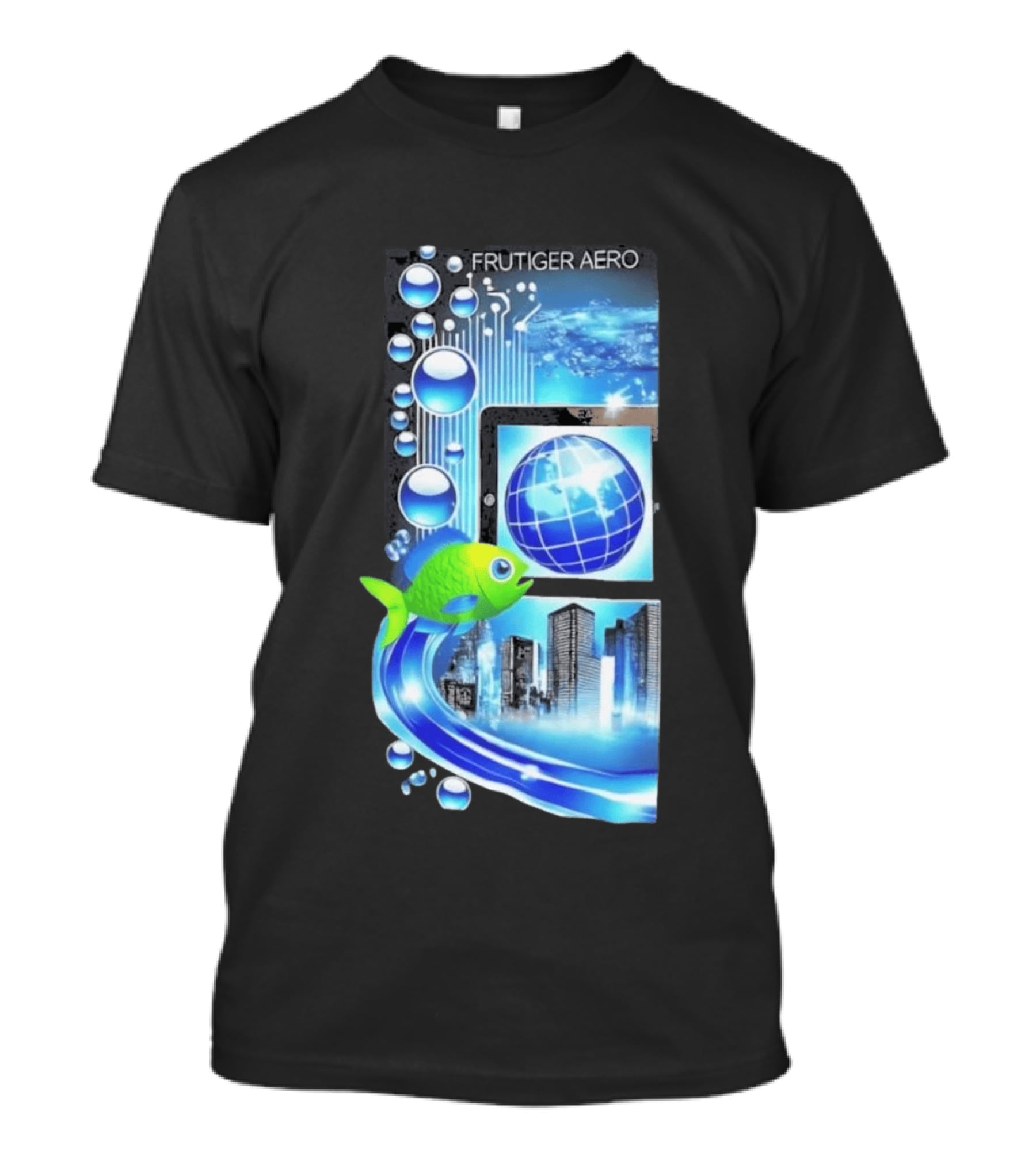 Frutiger Aero Y2K Global Tech Cityscape With Digital Fish And Blue T-Shirt
