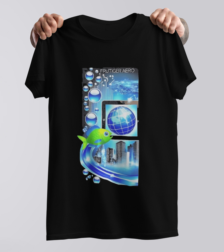 Frutiger Aero Y2K Global Tech Cityscape With Digital Fish And Blue T-Shirt
