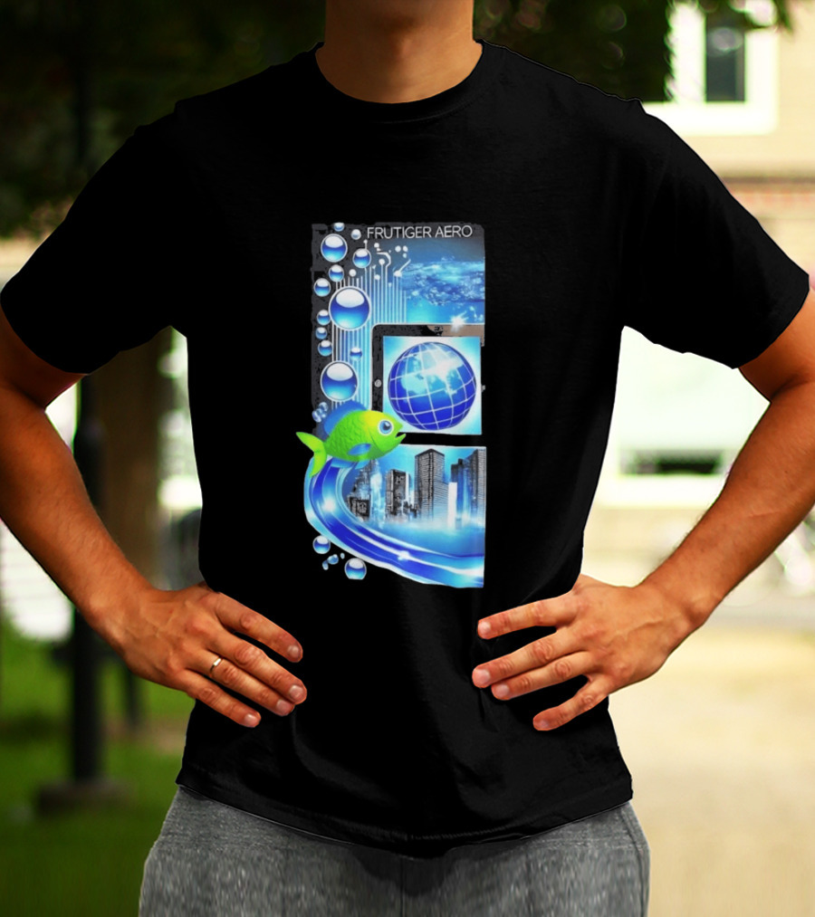 Frutiger Aero Y2K Global Tech Cityscape With Digital Fish And Blue T-Shirt