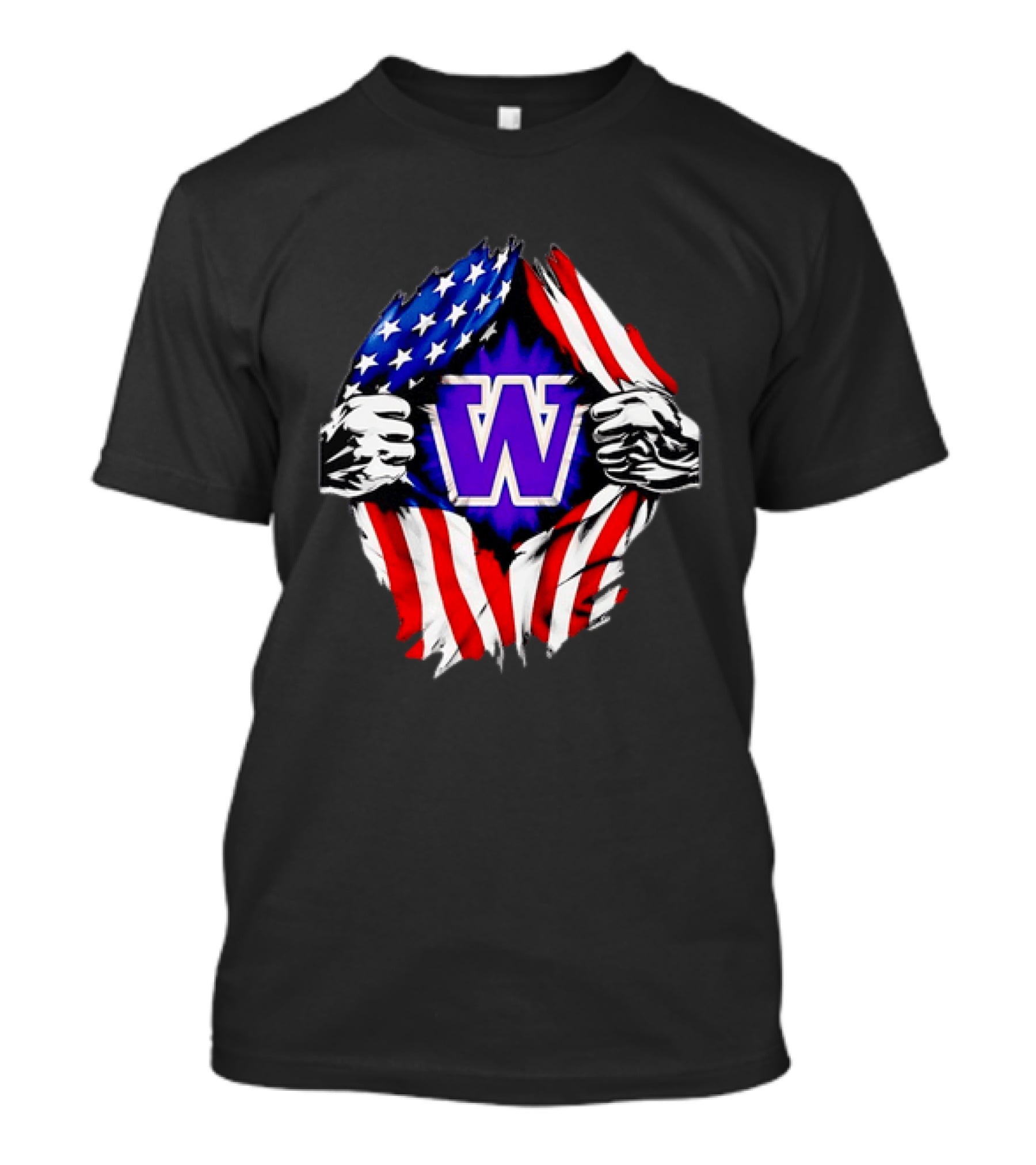 Washington Huskies W Logo American Flag Ripped Chest T-Shirt