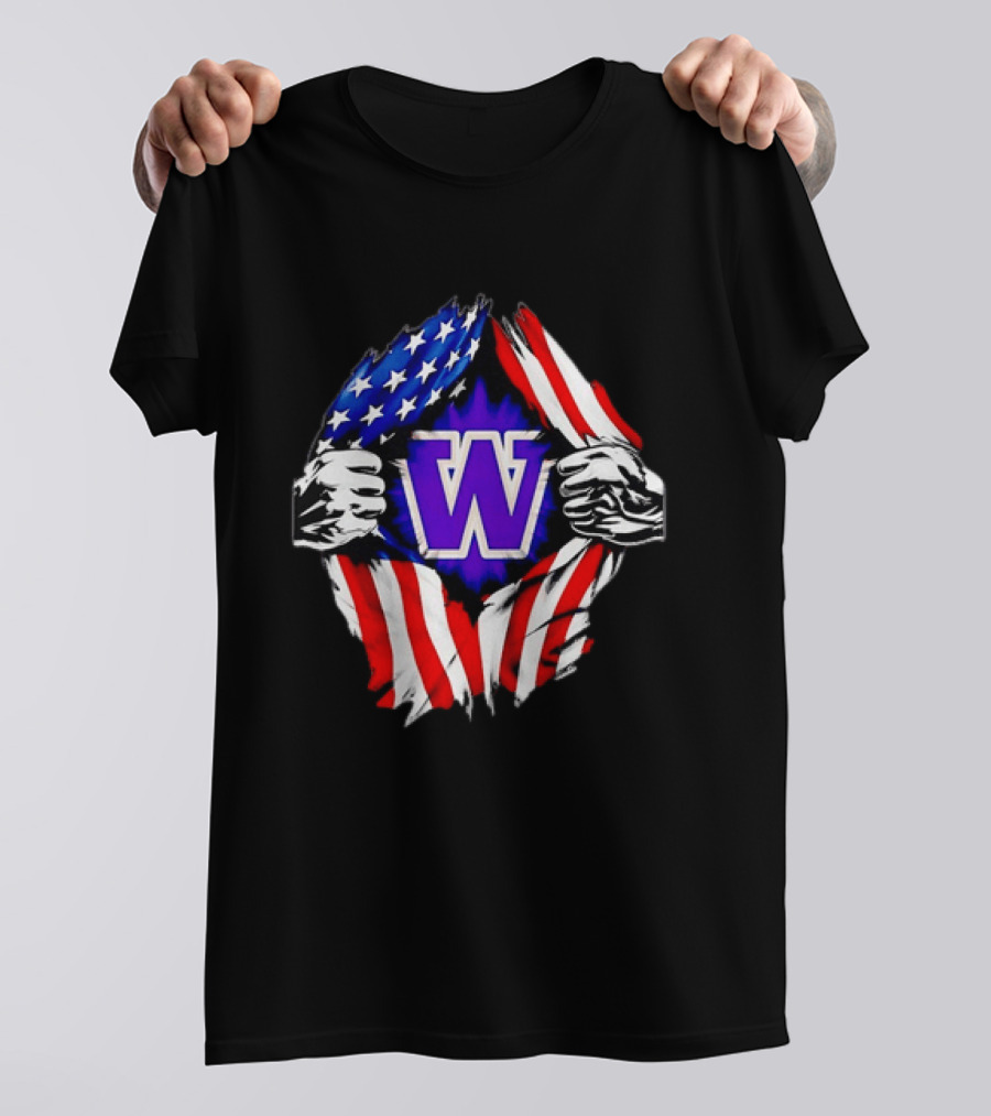 Washington Huskies W Logo American Flag Ripped Chest T-Shirt