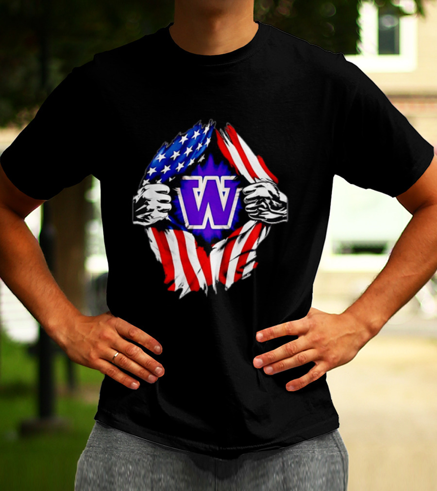 Washington Huskies W Logo American Flag Ripped Chest T-Shirt