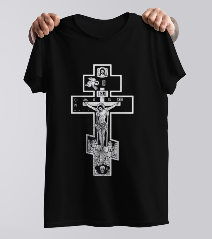Jesus Christ INRI Crucifixion Symbol With Religious Icons And Figures T-Shirt