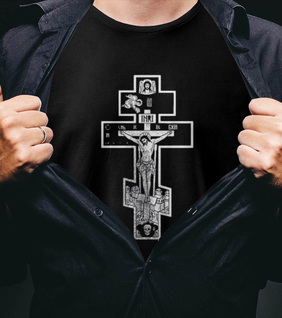 Jesus Christ INRI Crucifixion Symbol With Religious Icons And Figures T-Shirt