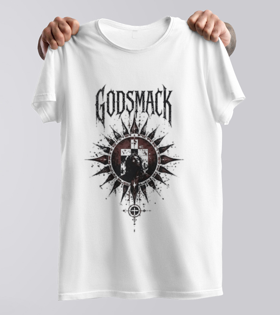 Godsmack X Jesus I Stand Before God Not Perfect Just Forgiven Christian Rock Cross Sun T-Shirt