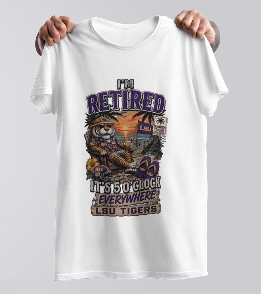 LSU Tigers I'm Retired It's 5 O' Everywhere Beach Relaxation With Palm Trees And Sunset T-Shirt