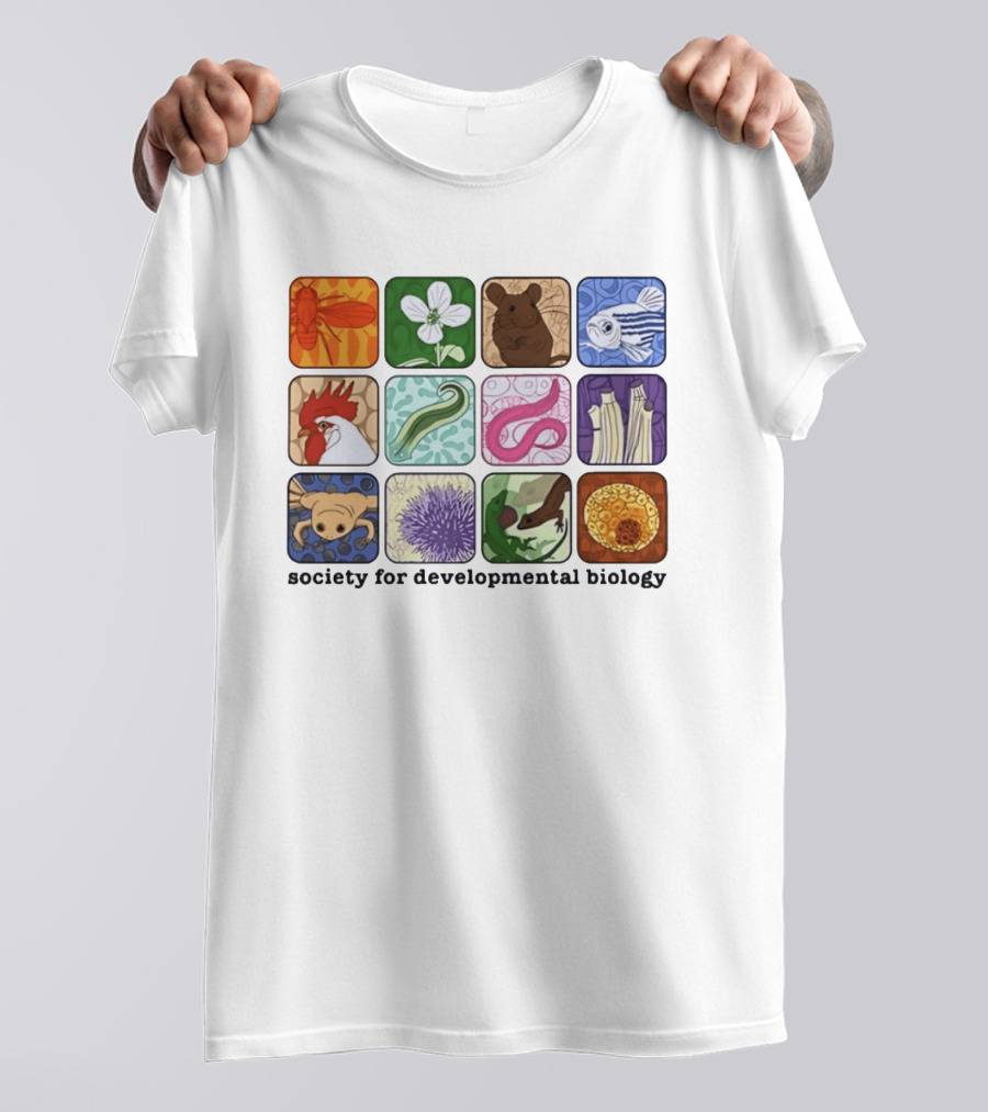 Society For Developmental Biology Model Organisms Collage Fly Plant Mouse Fish Chicken Worm Frog Plant Embryo Egg Cell T-Shirt