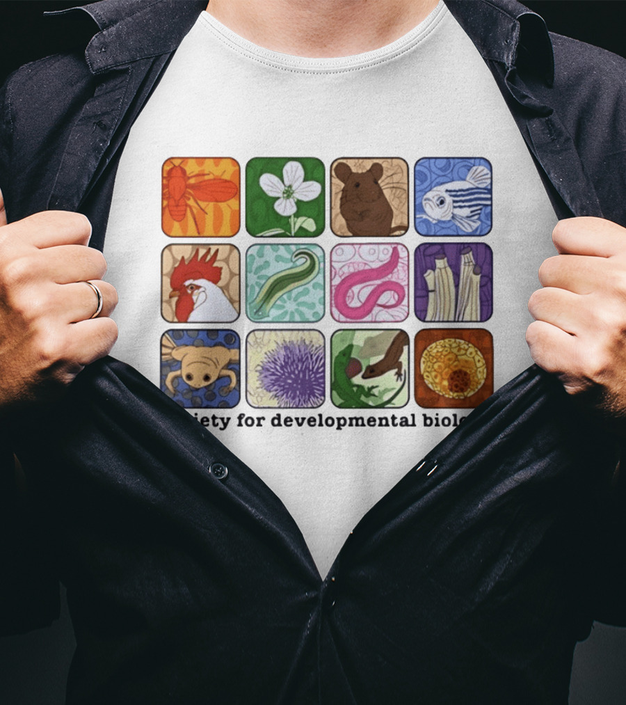 Society For Developmental Biology Model Organisms Collage Fly Plant Mouse Fish Chicken Worm Frog Plant Embryo Egg Cell T-Shirt