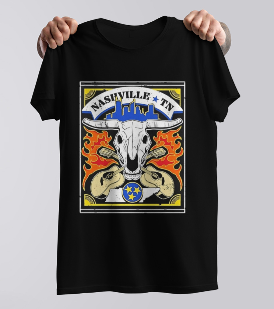 Nashville TN Cow Skull Guitars Flames Skyline Blue Star T-Shirt