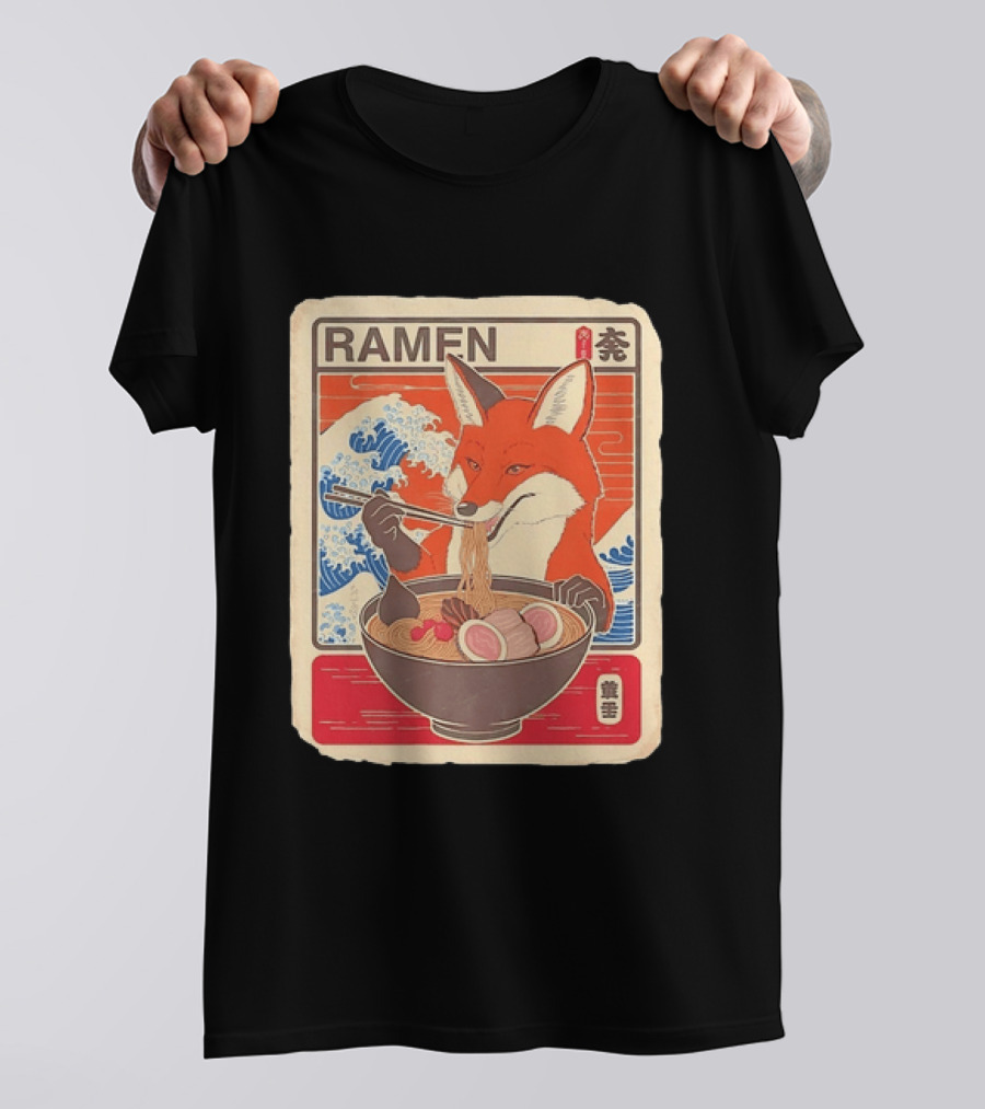 Fox Eating Ramen With Japanese Wave T-Shirt