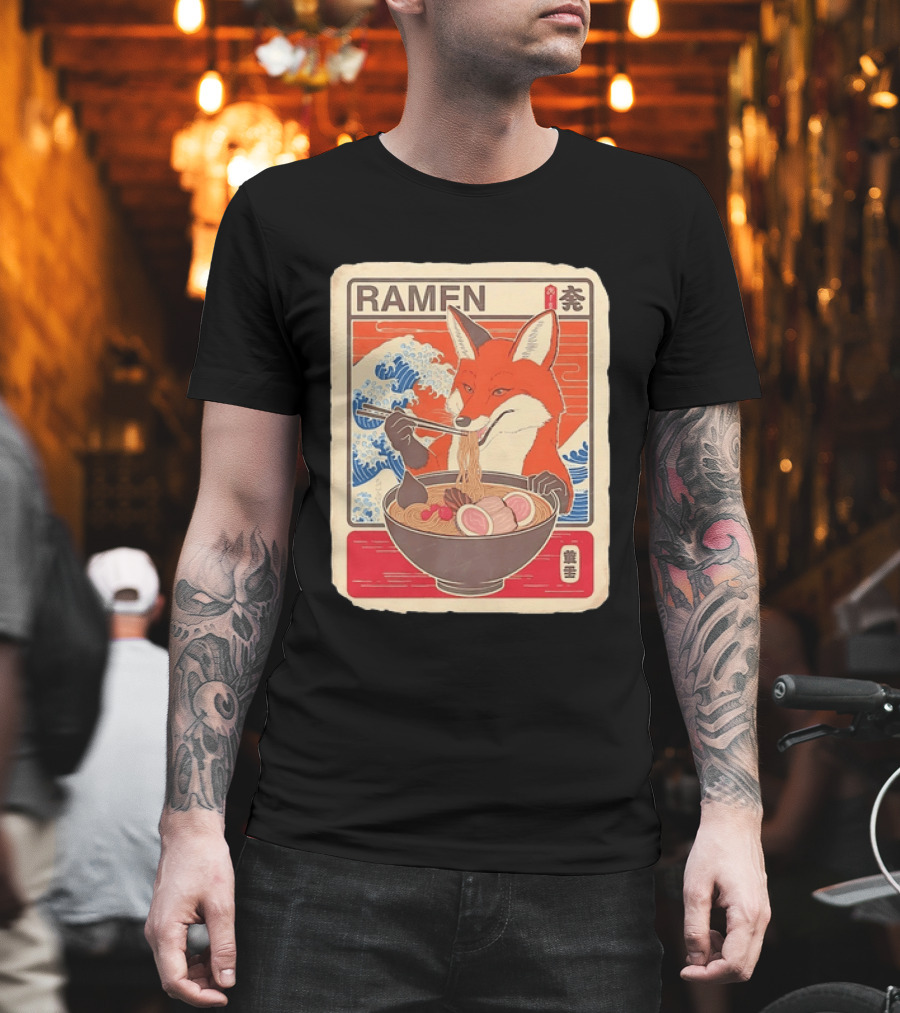 Fox Eating Ramen With Japanese Wave T-Shirt