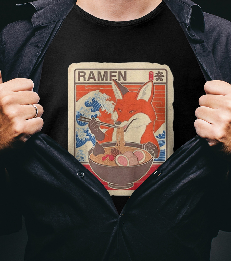 Fox Eating Ramen With Japanese Wave T-Shirt
