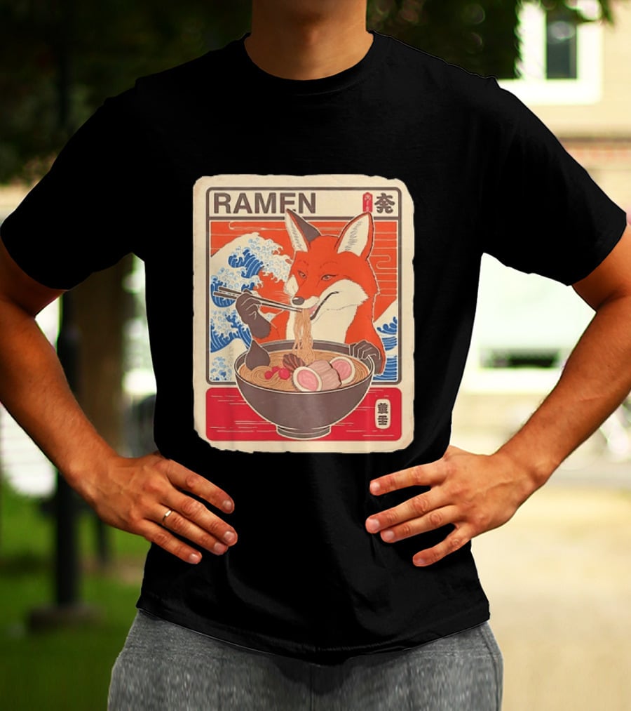 Fox Eating Ramen With Japanese Wave T-Shirt