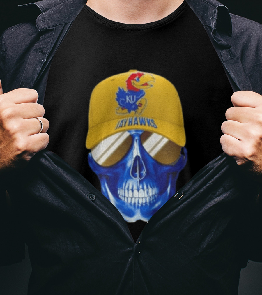 Kansas Jayhawks Skull Cap Fans Wear KU Jayhawks Edition T-Shirt