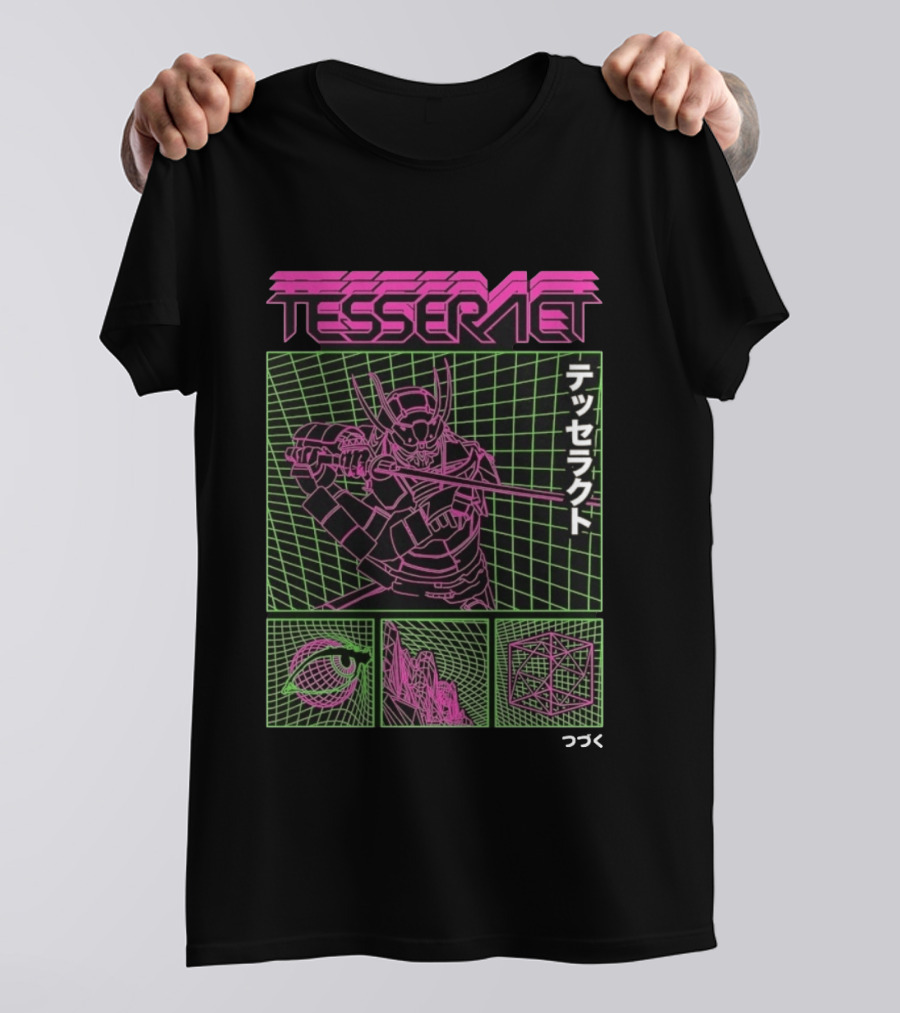TesseracT Samurai Synthwave Cyberpunk Japanese Text Retro Neon Aesthetic T-Shirt