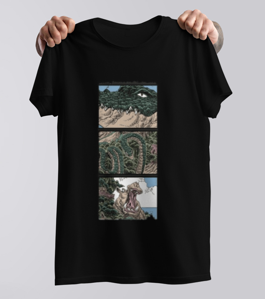 The Longest Johns Store Ends Of The Earth UK Tour Black Crocodile And Dinosaur Comic Strip T-Shirt
