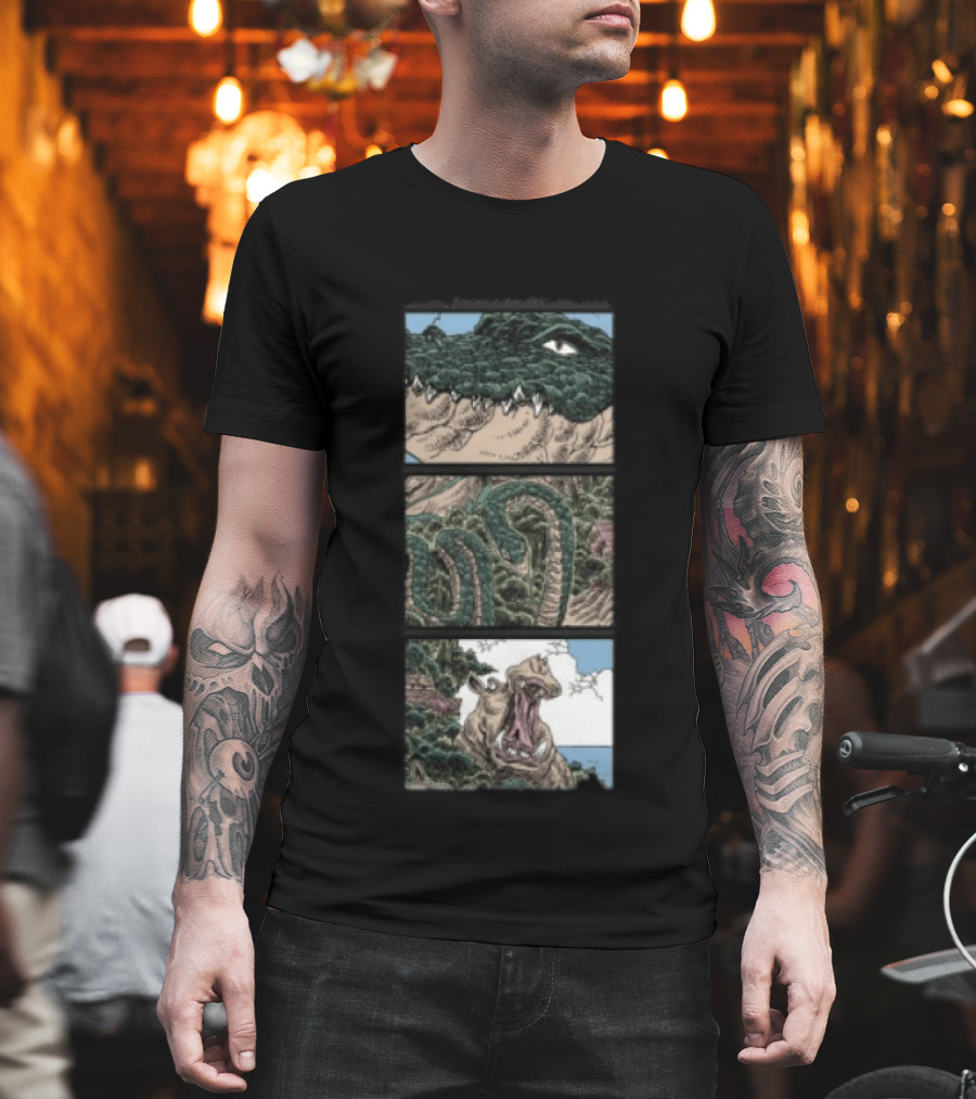The Longest Johns Store Ends Of The Earth UK Tour Black Crocodile And Dinosaur Comic Strip T-Shirt