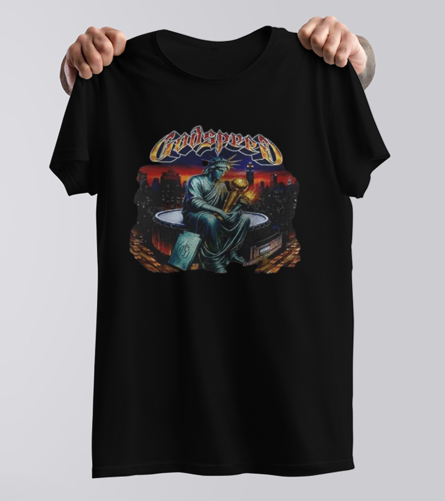 New York Knicks Godspeed Statue Of Liberty Basketball Cityscape T-Shirt
