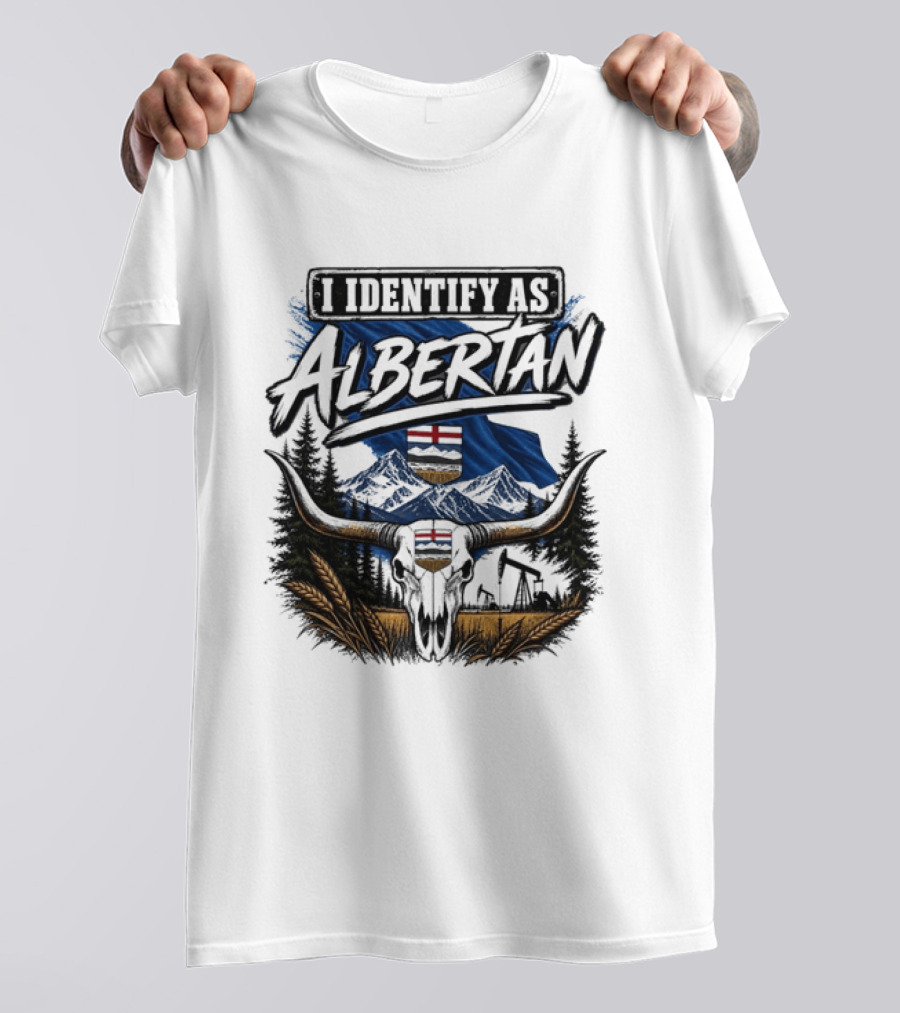 I Identify As Albertan Alberta Flag Longhorn Skull Wheat Forest Scene T-Shirt