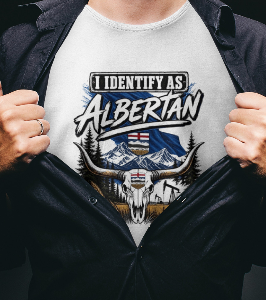 I Identify As Albertan Alberta Flag Longhorn Skull Wheat Forest Scene T-Shirt