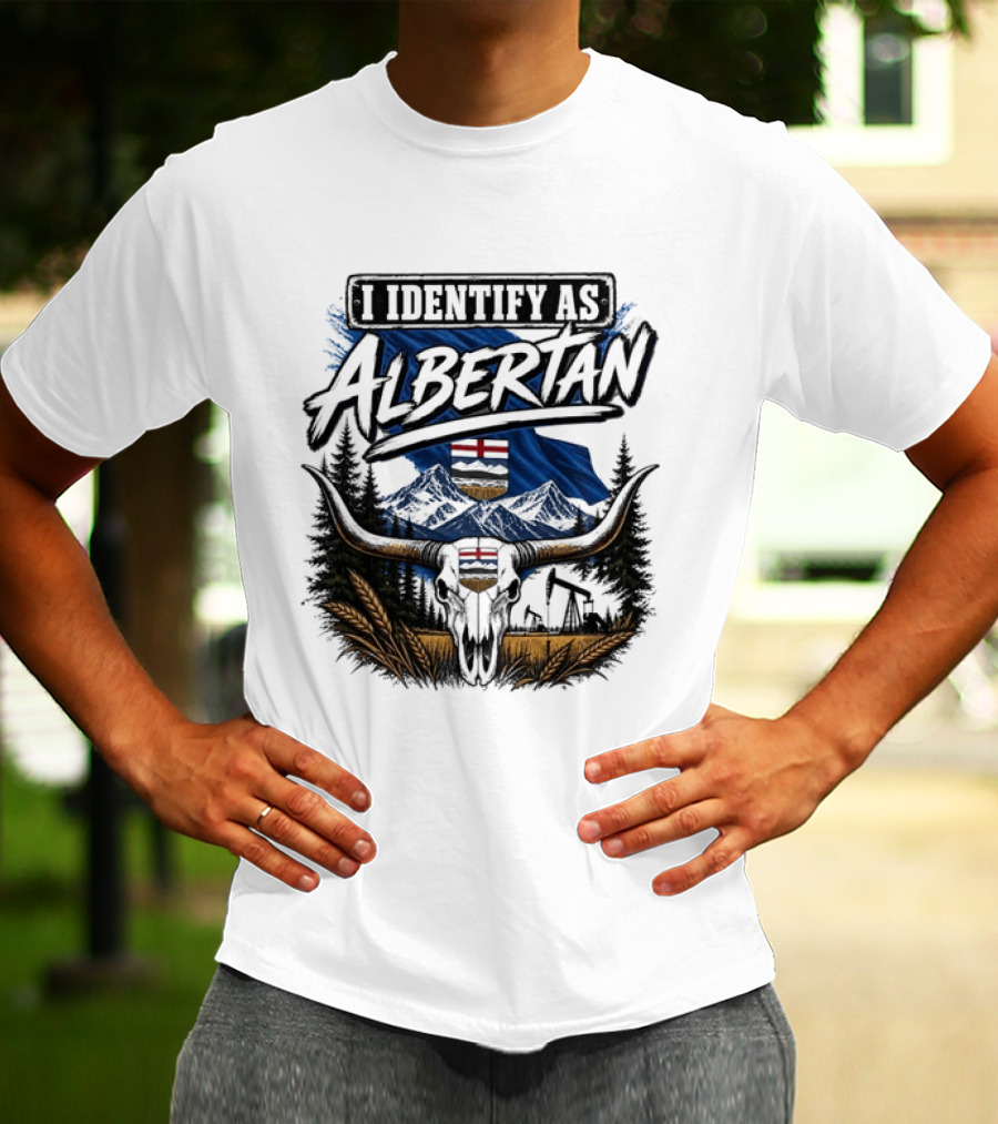 I Identify As Albertan Alberta Flag Longhorn Skull Wheat Forest Scene T-Shirt