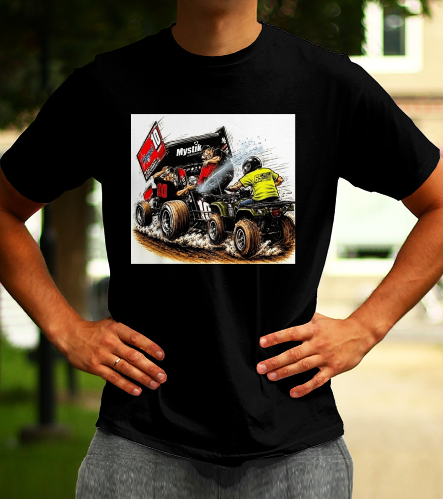 ATV Racing Action With Mystik Lubricants Dirt Track Riders Off Road Racing Vehicles And Hampel 65 Speed Shop T-Shirt