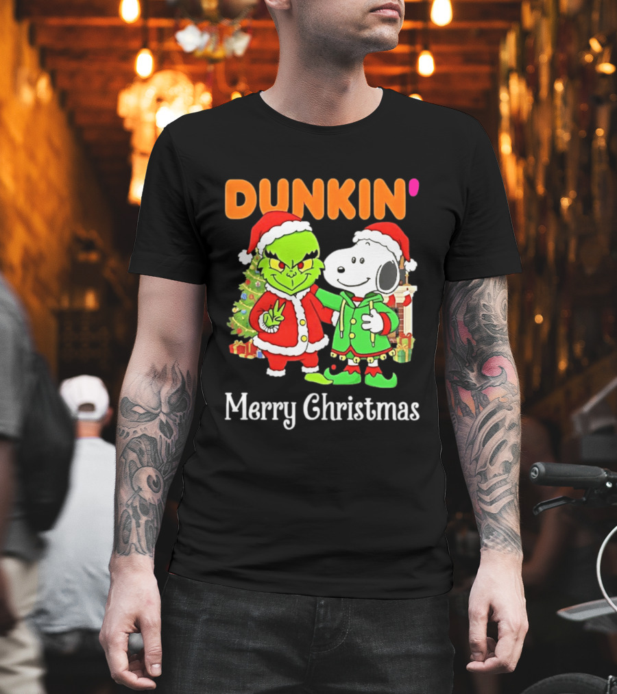 Dunkin Merry Christmas Grinch Snoopy Santas T-Shirt