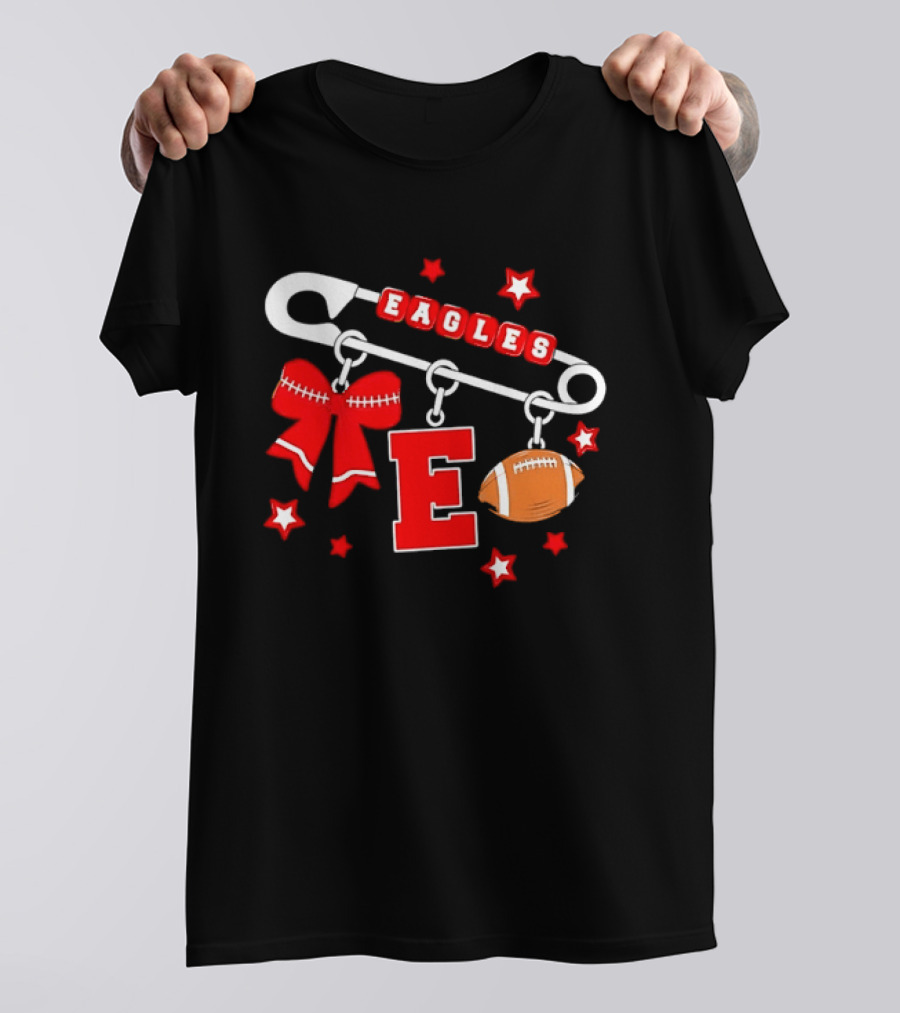 Eagles Safety Pin Charm Football Bow Letter E Stars T-Shirt