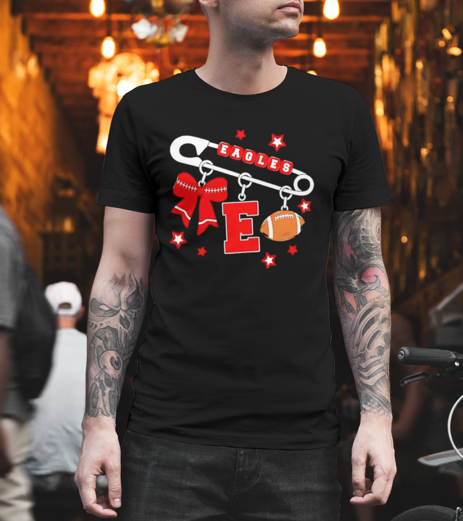Eagles Safety Pin Charm Football Bow Letter E Stars T-Shirt