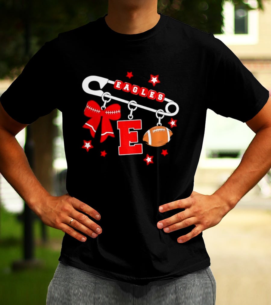 Eagles Safety Pin Charm Football Bow Letter E Stars T-Shirt