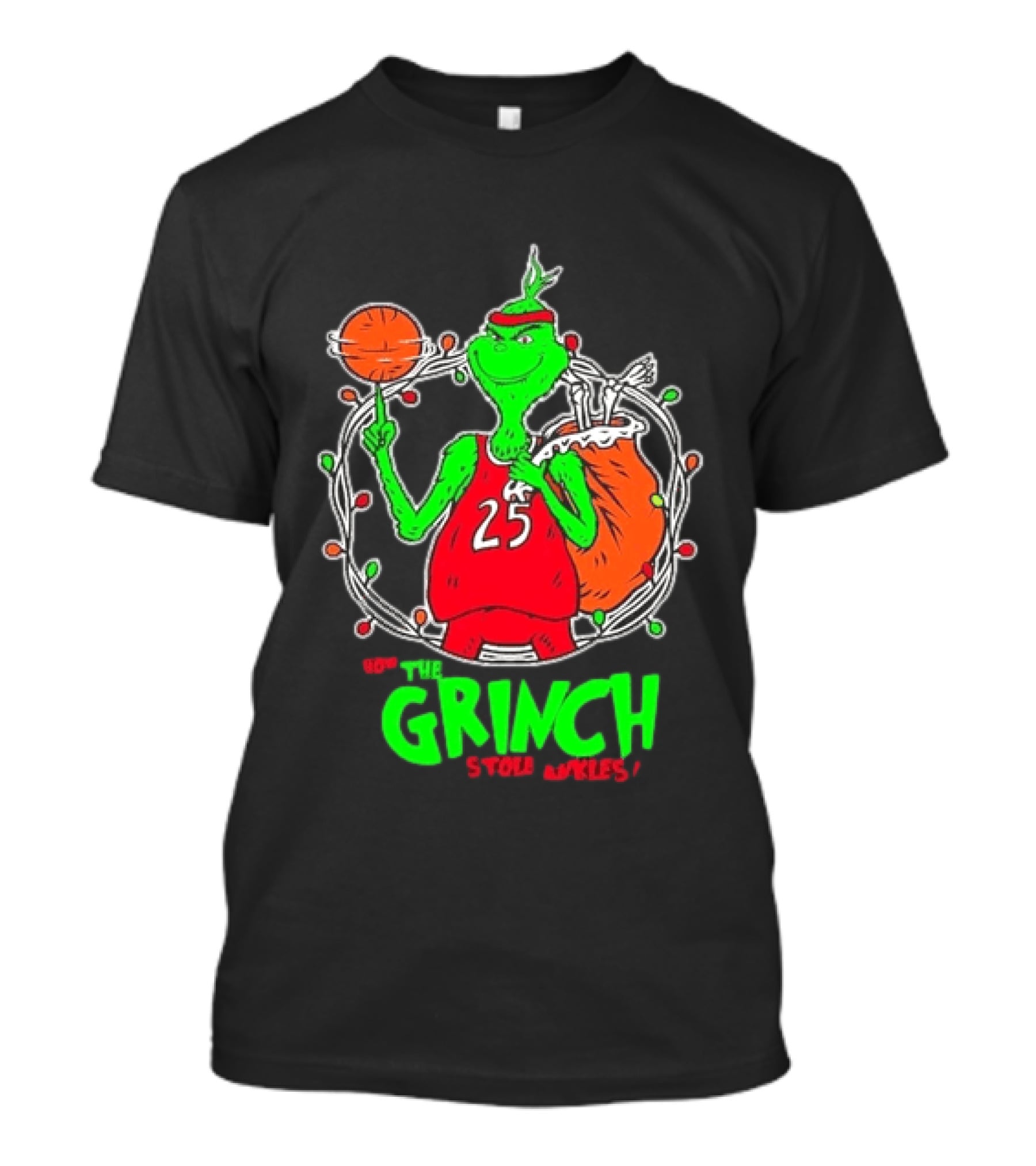 The Grinch Basketball Christmas Lights Jersey 25 Stole Ankles Green T-Shirt