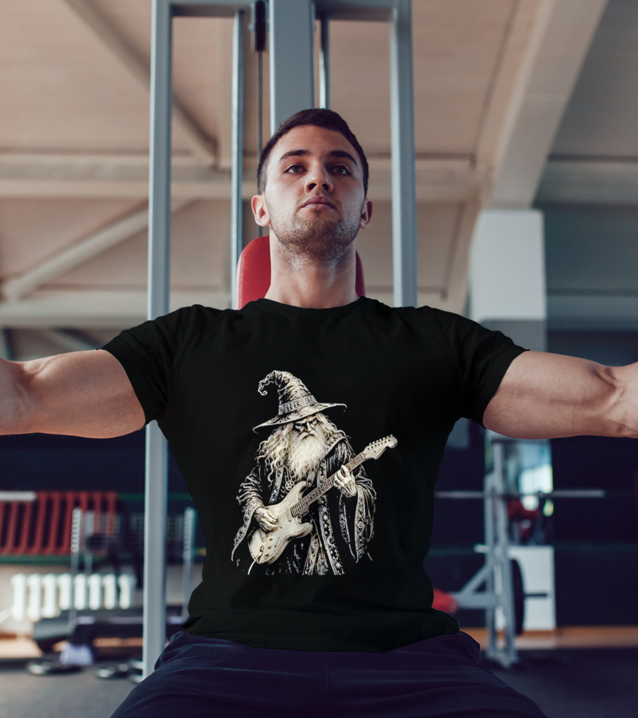 Wizard Playing Electric Guitar Fantasy Musician Magical Rock Legend T-Shirt